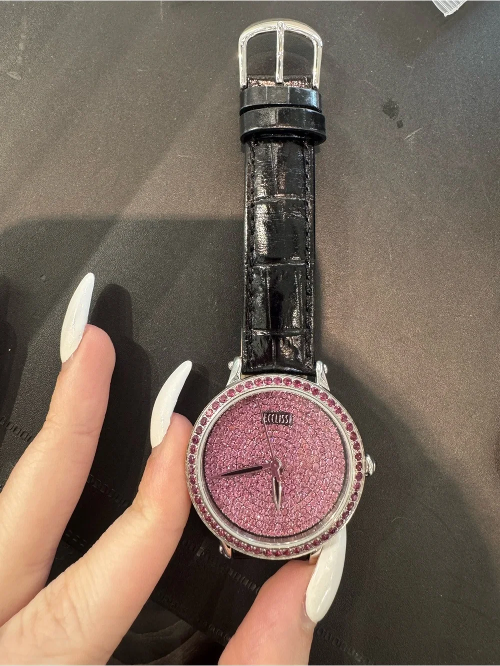 New Ecclissi Facets Stainless Steel Watch Pink Pavé Crystal Dial Leather Strap